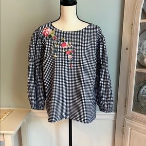 Cupio Blue Gingham Blouse with Floral Embroidery